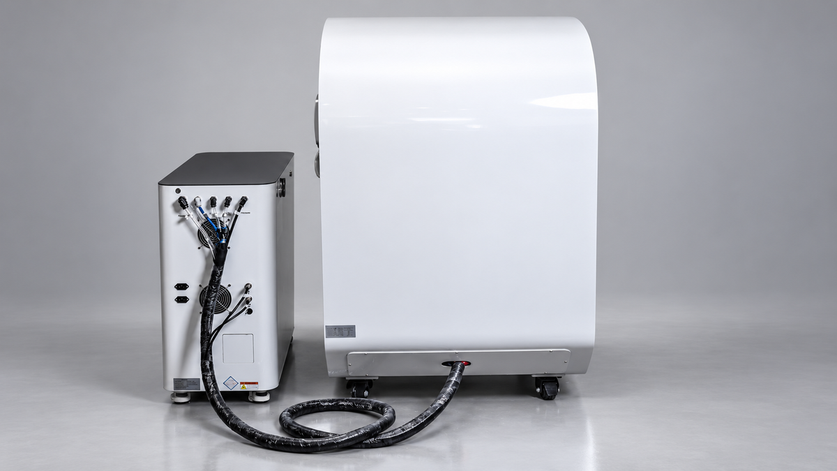 Rear view of white Airvida hyperbaric chamber and oxygen system connected by thick black hoses, showing cables, ports and components in a clean studio setting.