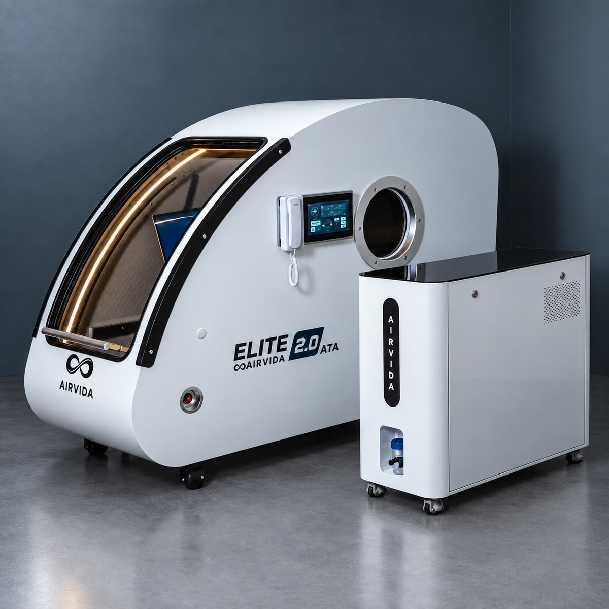 White Airvida Elite 2.0 ATA hyperbaric chamber with touchscreen, round access port and matching oxygen unit on wheels, displayed against a dark modern backdrop.