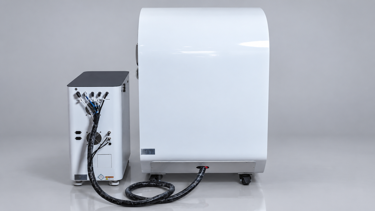 Rear view of white Airvida hyperbaric chamber with external oxygen system, connected hoses, cables, ports, ventilation fan, and caster wheels in a studio.