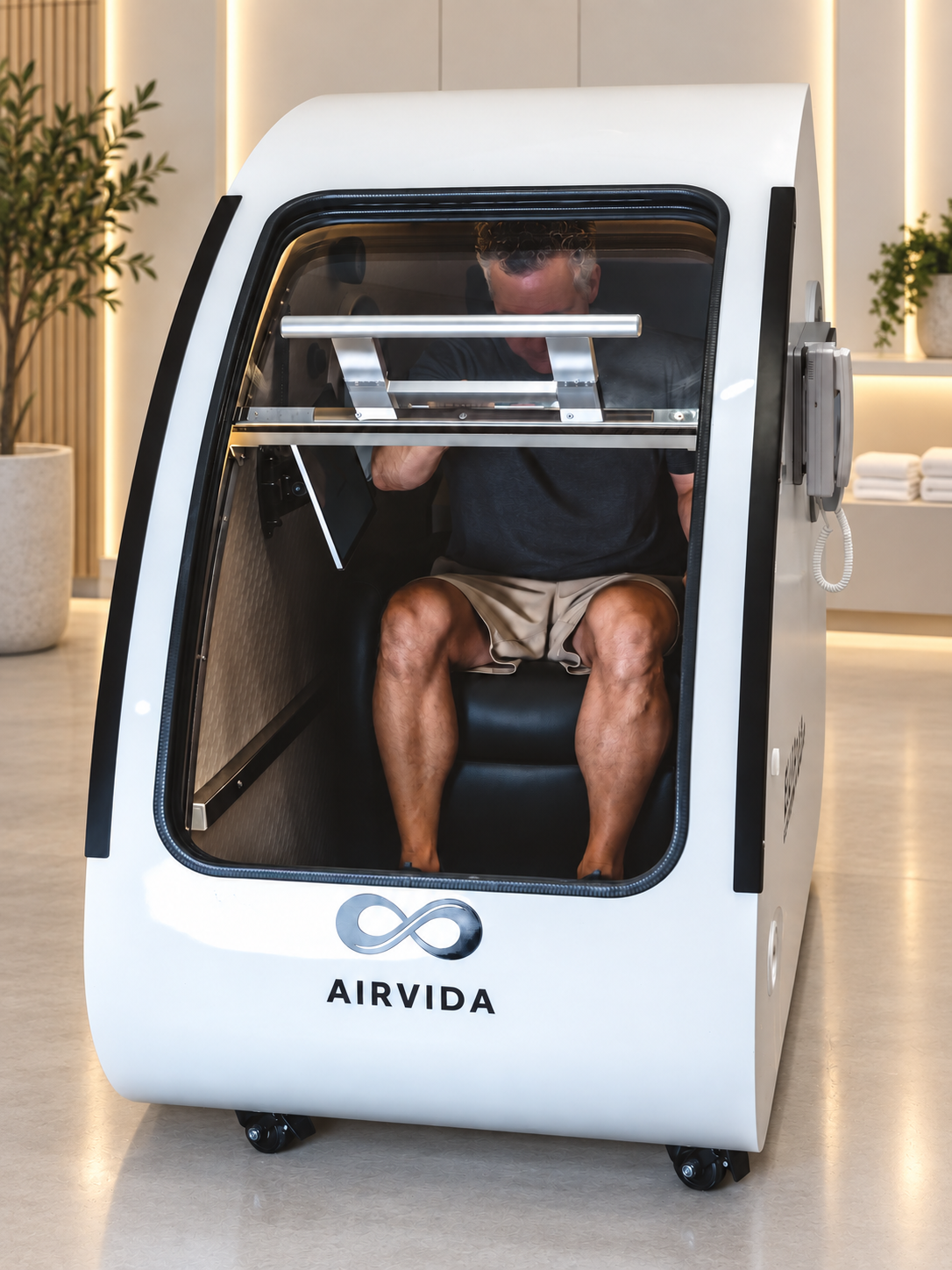 Man seated inside a white Airvida hyperbaric chamber in a modern wellness room, showing the clear front door, interior seating, controls, and chamber design.