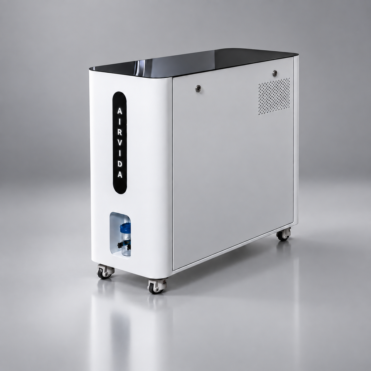 White Airvida oxygen system on caster wheels with glossy black top, illuminated logo, front connector, and side ventilation panel against a clean studio backdrop.